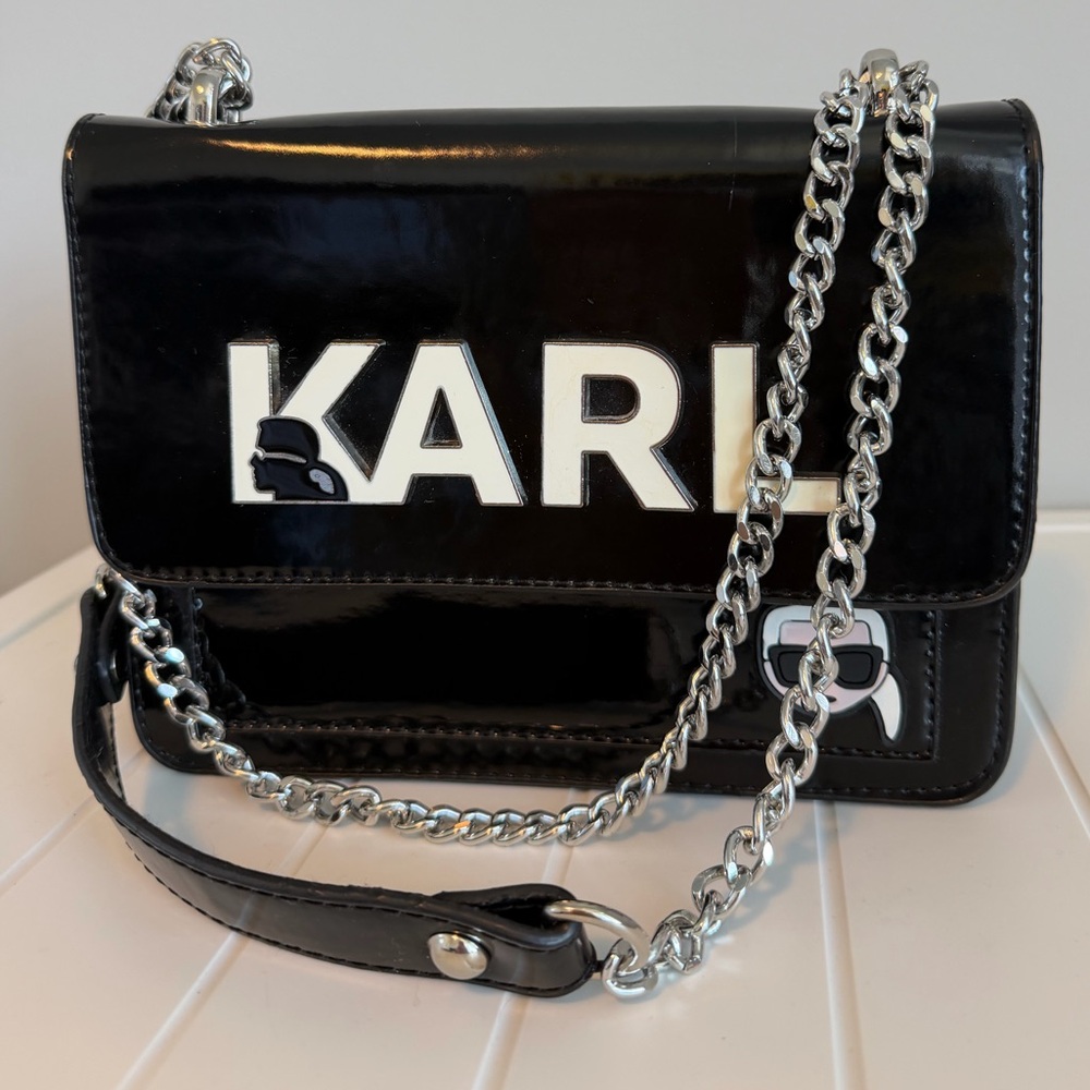 KARL LAGERFELD Classic Patent Black Shoulder Purse Bag Cross Body Women’s
